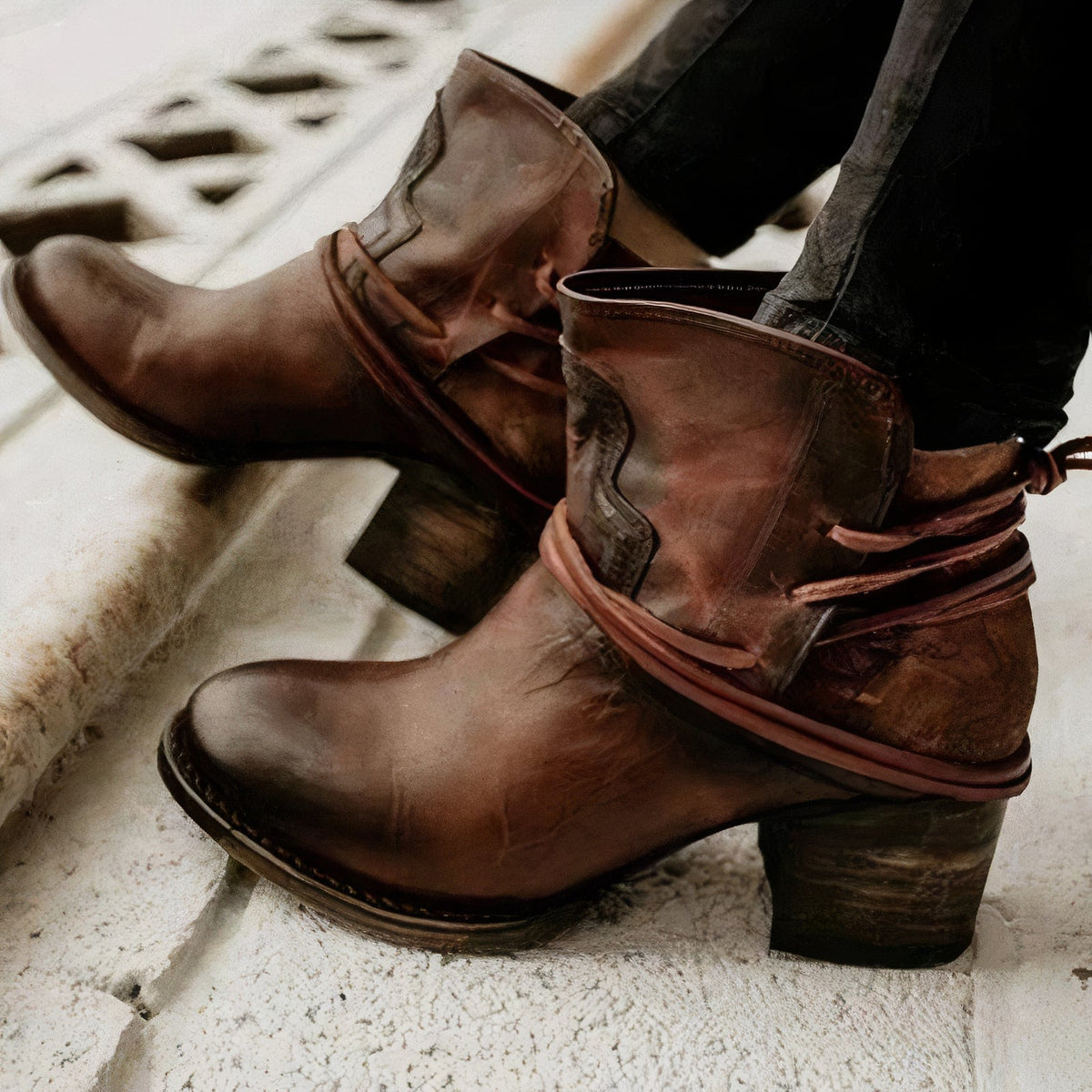 Women's Ankle Boots – Leather – Western Style – Block Heel – Wrapped Lacing Detail