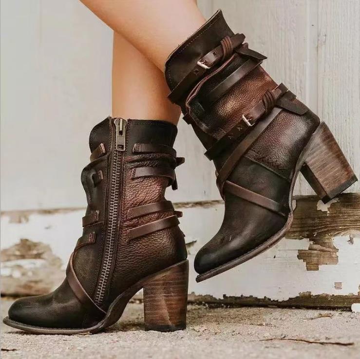 Women's Leather Ankle Boots - Slouchy Distressed Design - Buckle Straps - Block Heel