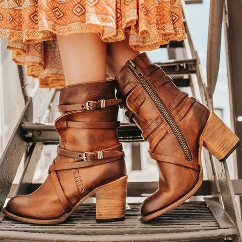 Women's Leather Ankle Boots - Slouchy Distressed Design - Buckle Straps - Block Heel